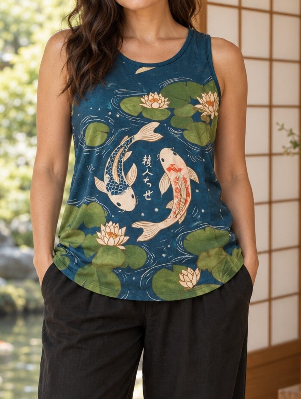 Koi Fish Lotus Pond Graphic Tank Top L Green Japanese Art Naturecore